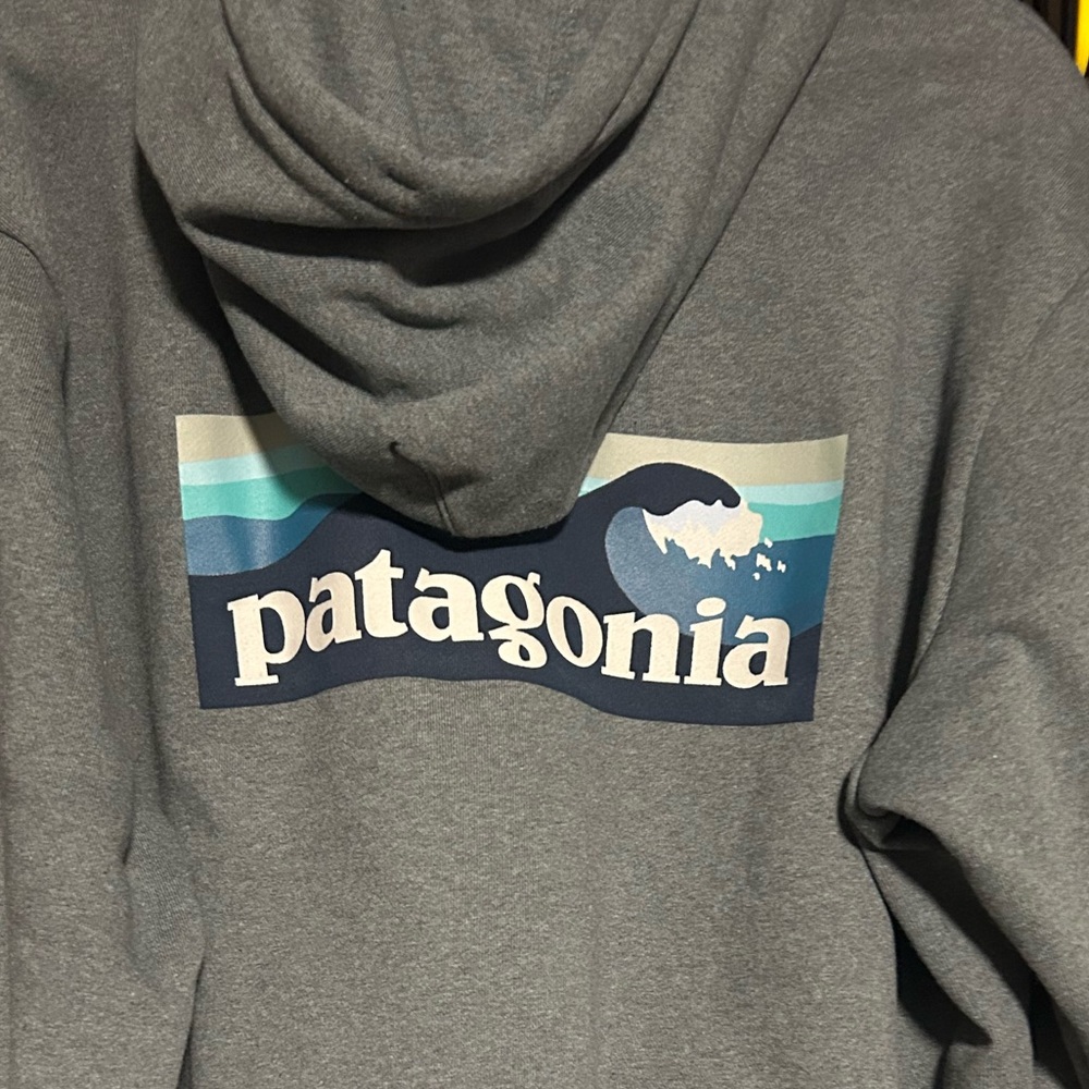 Patagonia Gray Hoodie with Blue Wave Logo